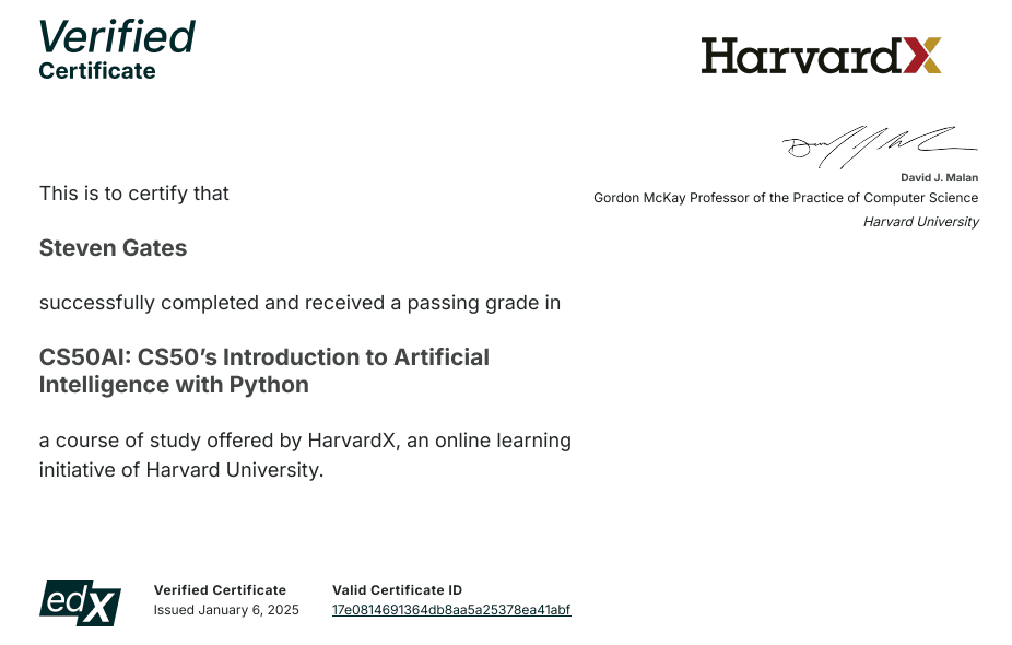 CS50: Introduction to AI with Python certificate badge
